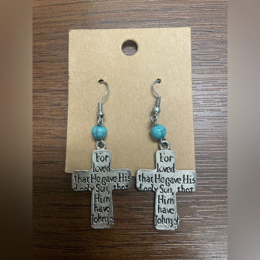 Silver Cross Earrings with Turquoise Accents